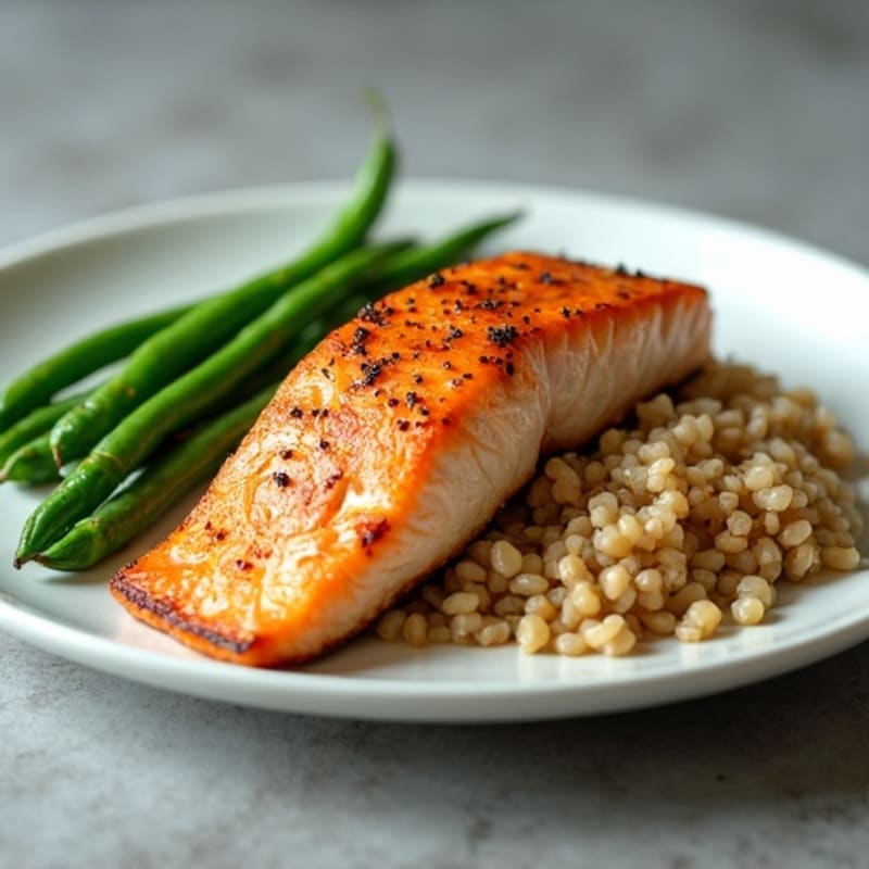 Seared Salmon with Steamed Green Beans and Brown Rice