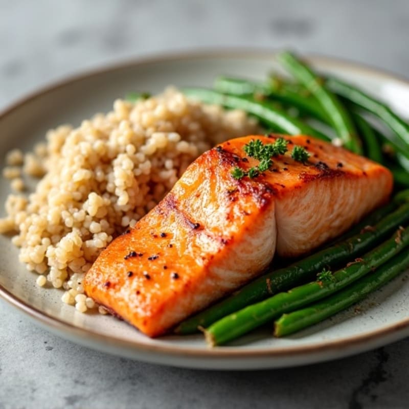 Seared Salmon Fillet with Garlic Green Beans and Brown Rice