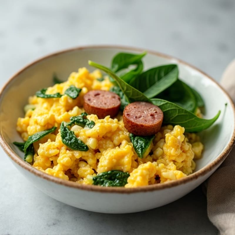 Scrambled Eggs with Spinach and Turkey Sausage