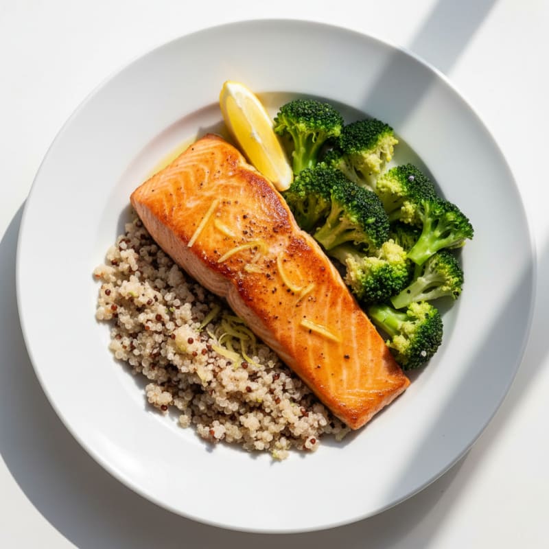 Seared Salmon with Steamed Broccoli and Quinoa