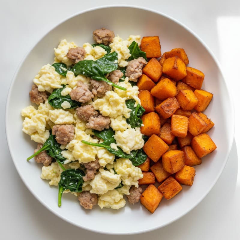 Egg White and Turkey Sausage Scramble with Spinach and Roasted Sweet Potato