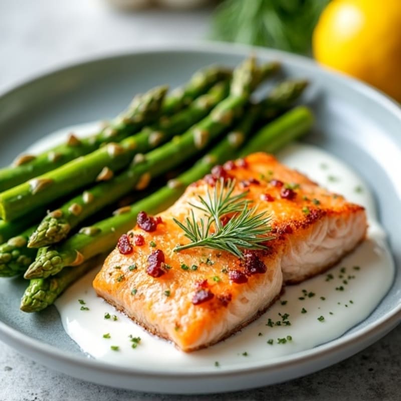 Crispy Pan-Seared Salmon with Roasted Asparagus and Lemon-Dill Sauce