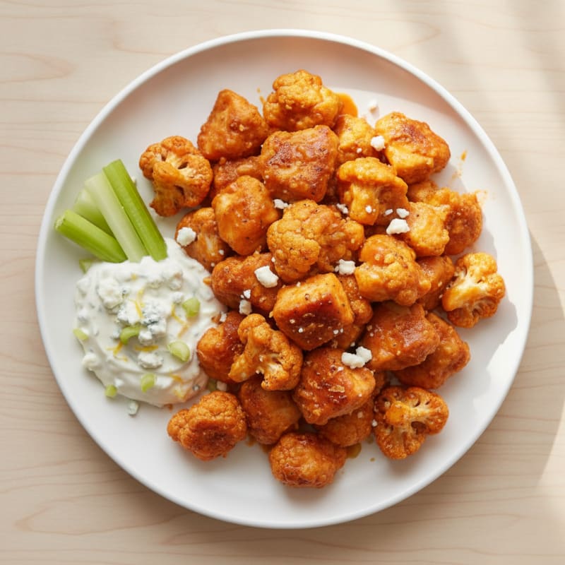 Buffalo Chicken and Cauliflower Bites with Blue Cheese Dip