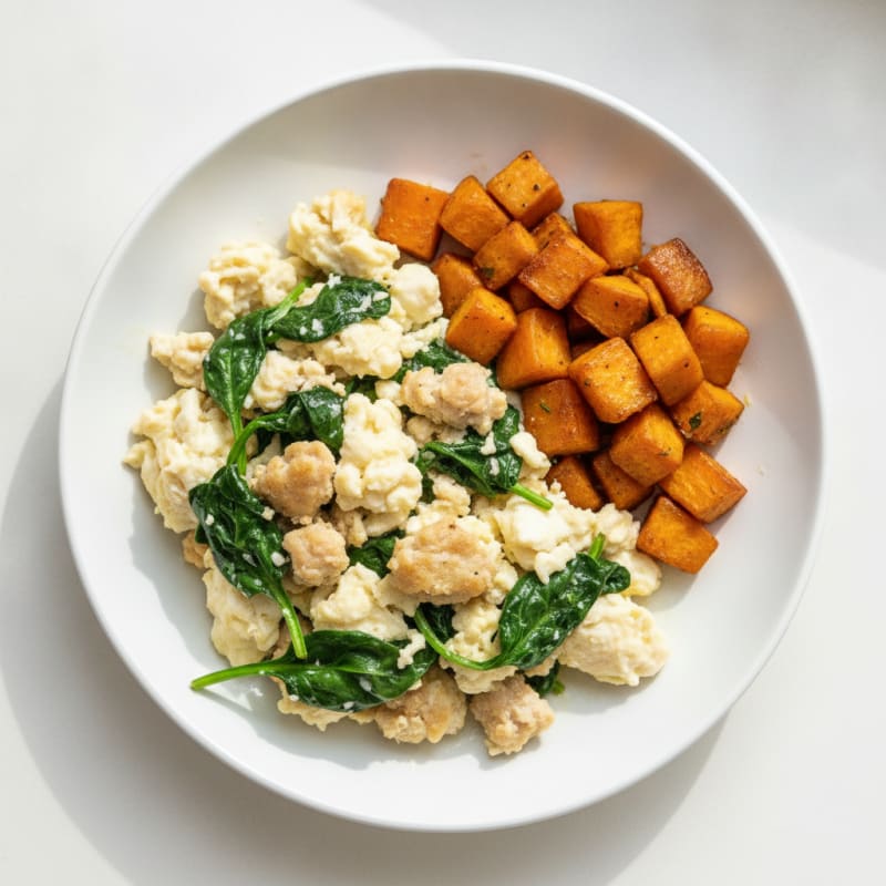 Scrambled Egg Whites with Turkey Sausage and Sautéed Spinach