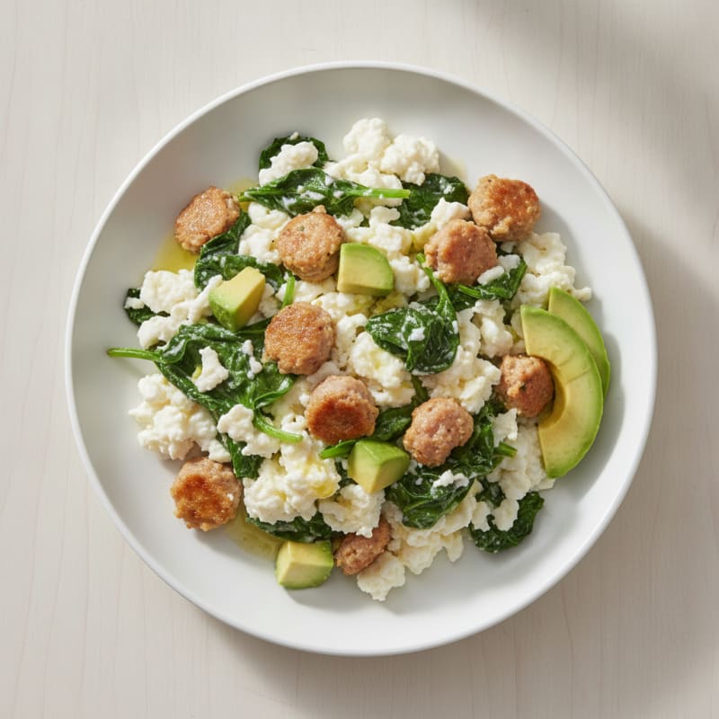 Egg White Scramble with Turkey Sausage and Sautéed Spinach