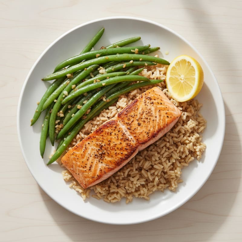 Seared Salmon with Garlic Green Beans and Brown Rice