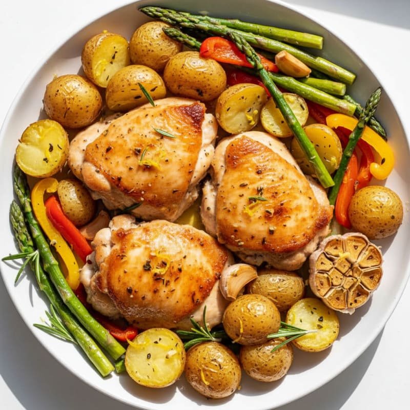 Oven-Baked Lemon Herb Chicken Thighs with Garlic Roasted Vegetables