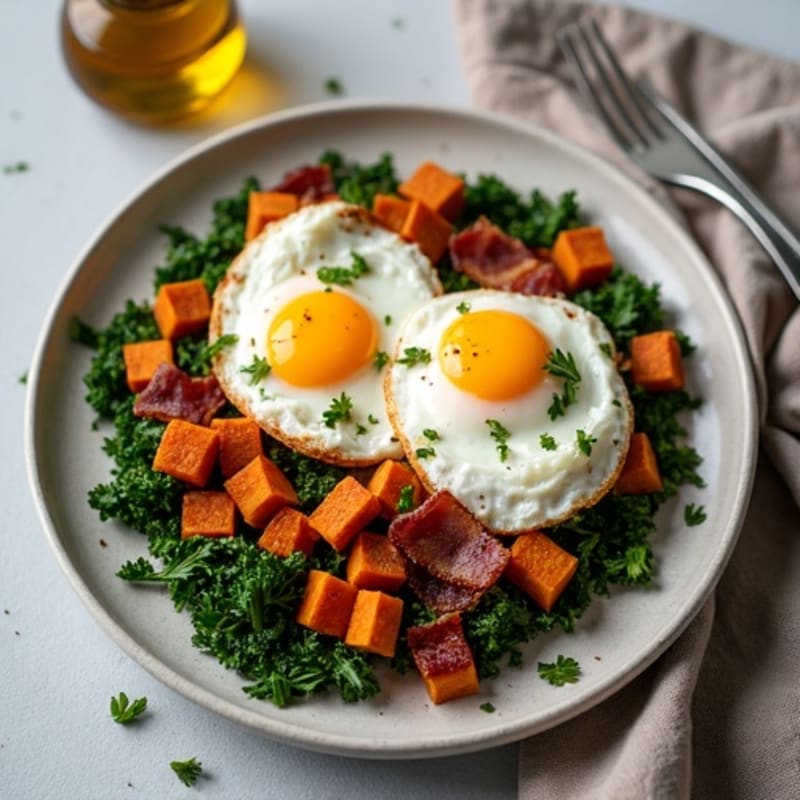 Roasted Sweet Potato and Kale Hash with Crispy Turkey Bacon and Fried Eggs