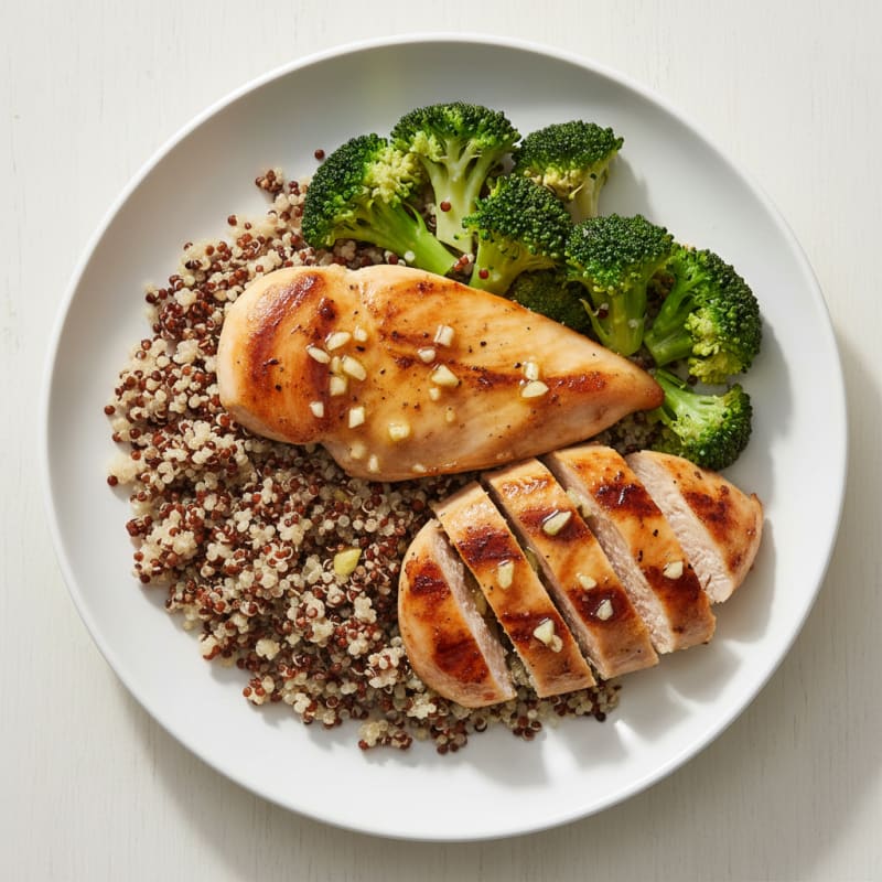 Grilled Lemon Garlic Chicken Breast with Quinoa and Steamed Broccoli