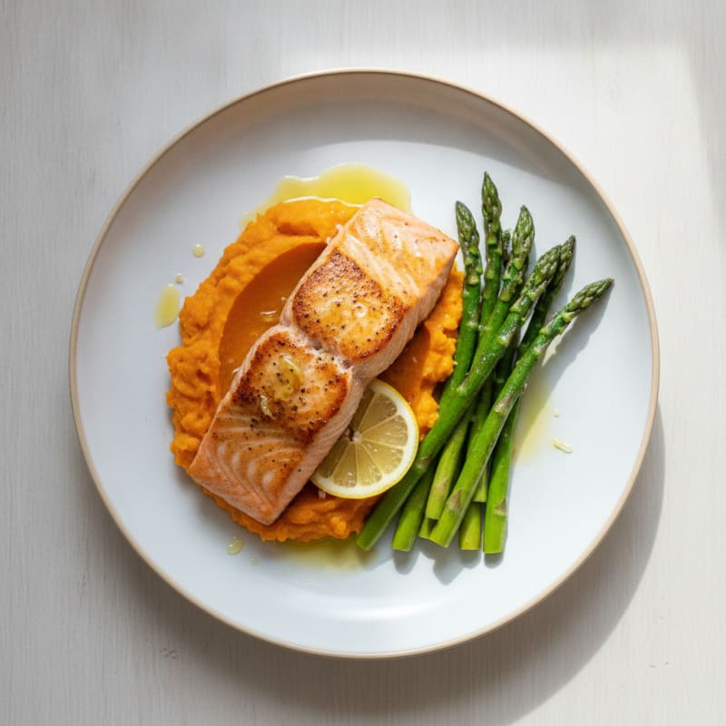 Seared Salmon Fillet with Roasted Asparagus and Sweet Potato Mash