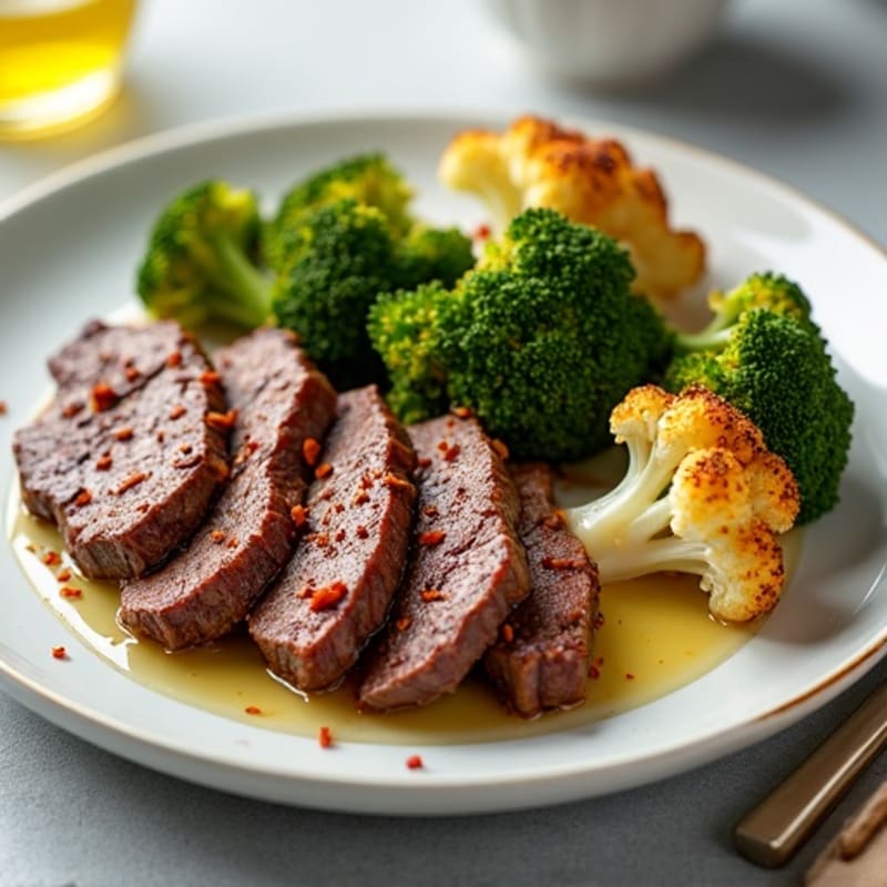Seared Lean Beef Strips with Roasted Broccoli and Cauliflower