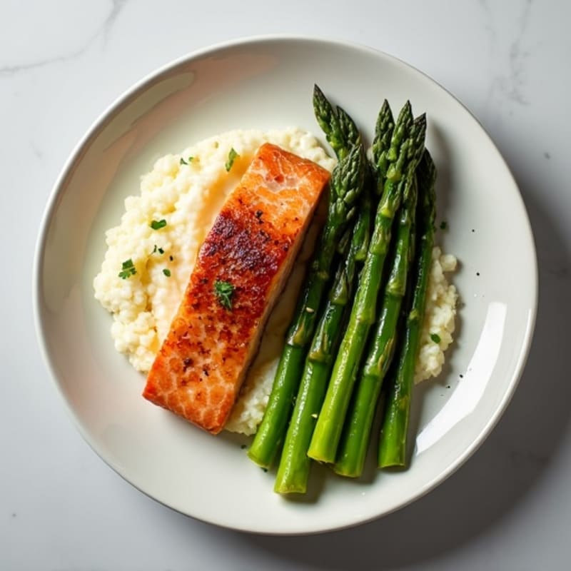 Seared Salmon with Steamed Asparagus and Cauliflower Mash