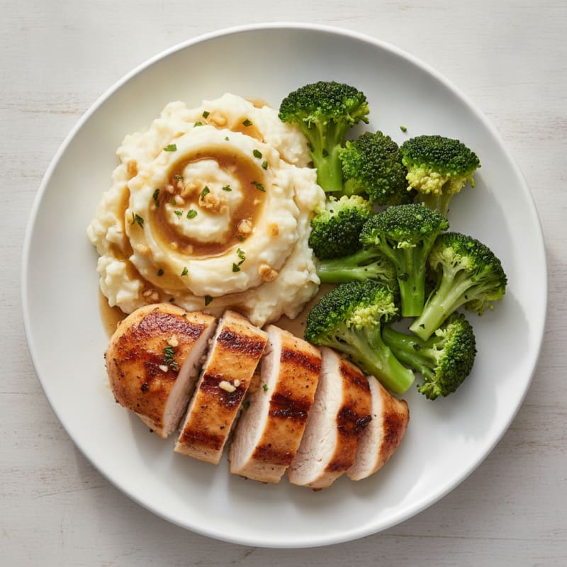 Seared Chicken Breast with Steamed Broccoli and Garlic Mashed Potatoes