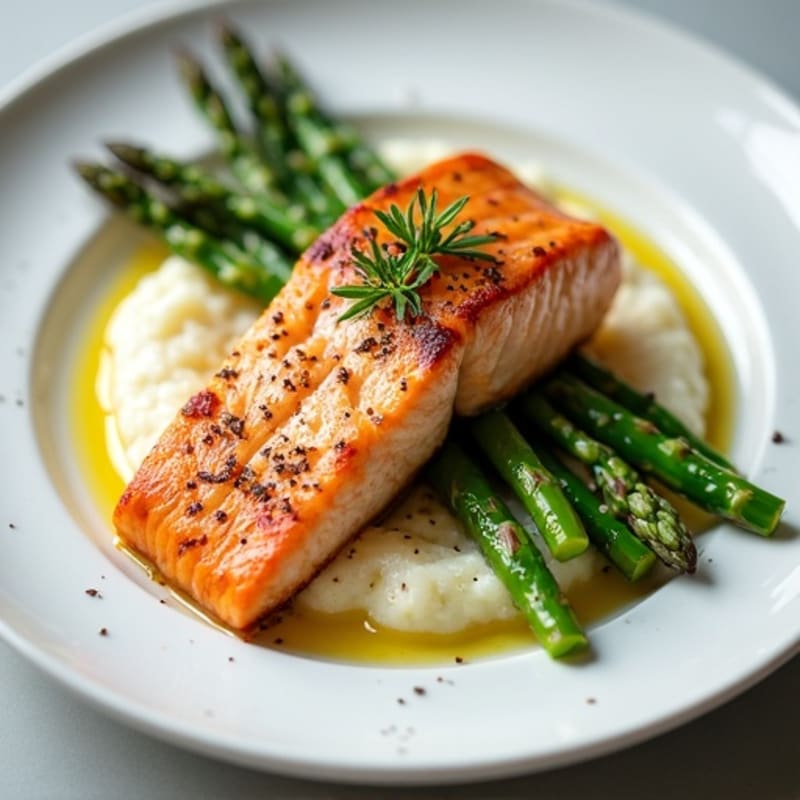 Seared Salmon with Steamed Asparagus and Cauliflower Mash