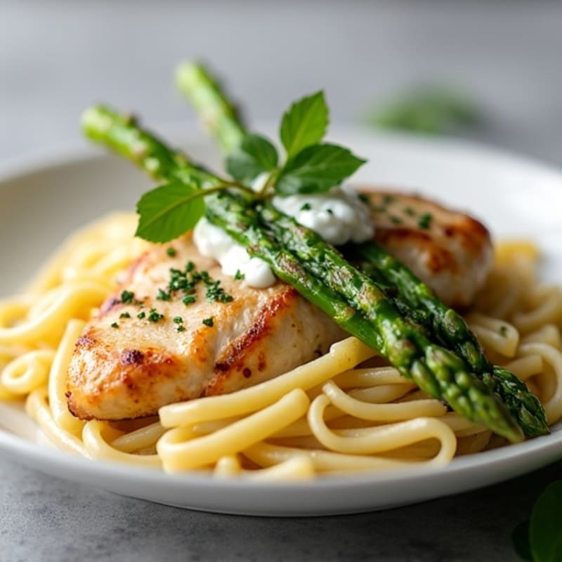 Creamy Lemon Herb Chicken Whole Wheat Pasta with Roasted Asparagus