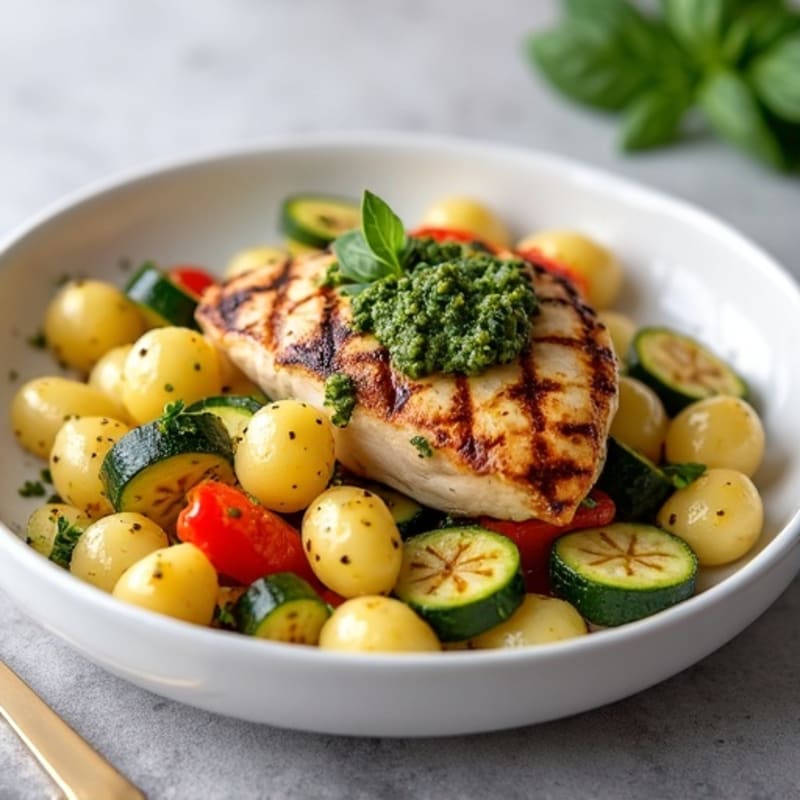 Gnocchi with Chicken and Roasted Vegetables in Fresh Basil Pesto
