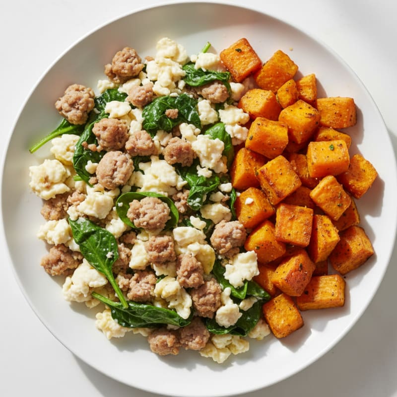 Egg White and Turkey Sausage Scramble with Spinach and Roasted Sweet Potato