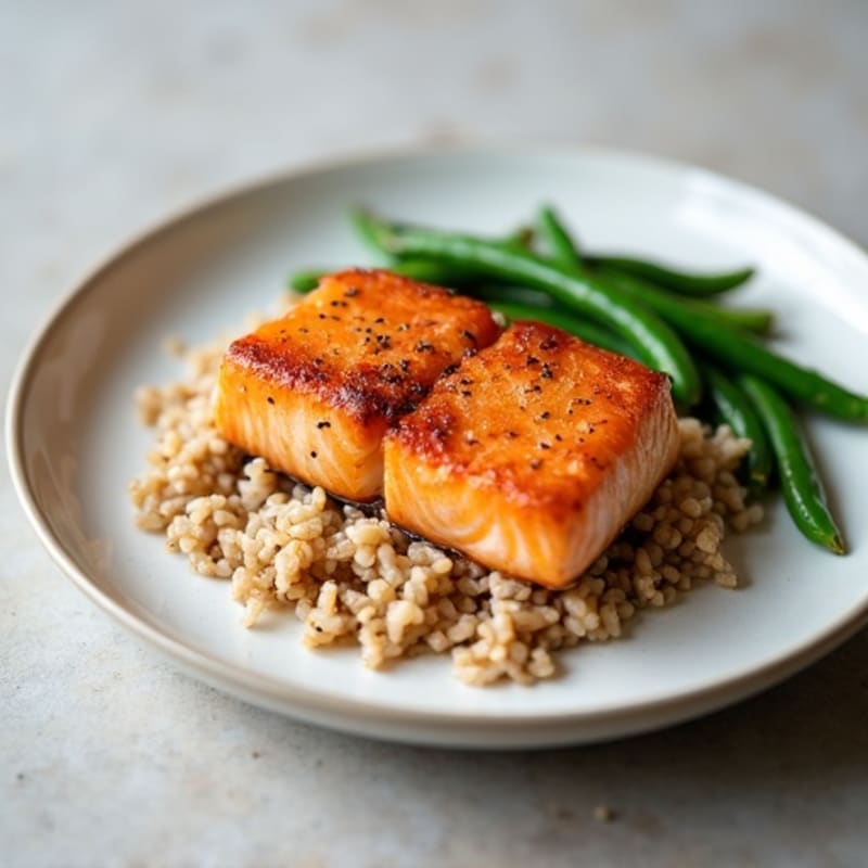 Seared Salmon with Steamed Green Beans and Brown Rice