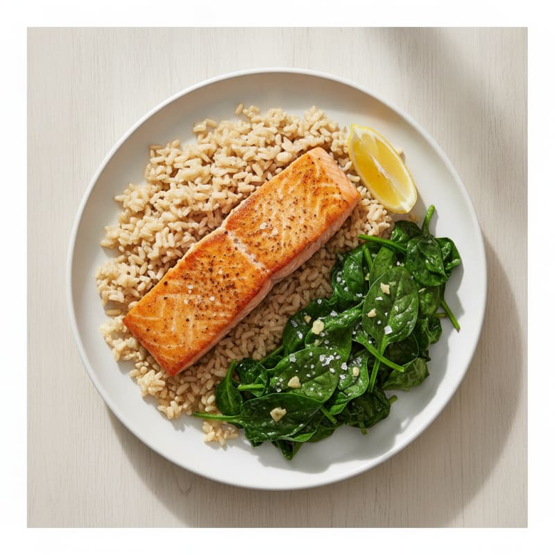 Seared Salmon with Garlic Spinach and Brown Rice