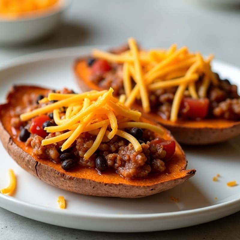 Crispy Loaded Sweet Potato Skins with Lean Turkey Chili and Cheesy Sauce