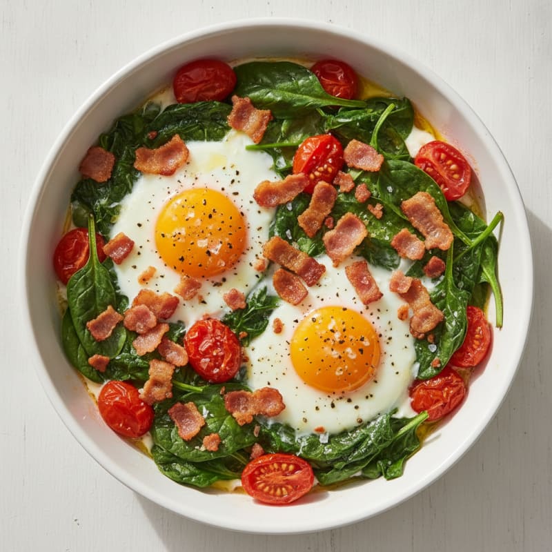 Baked Eggs with Crispy Bacon and Wilted Spinach