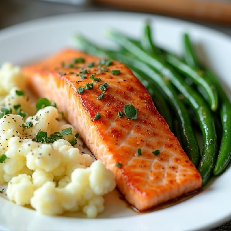 Seared Salmon with Garlic Green Beans and Mashed Cauliflower