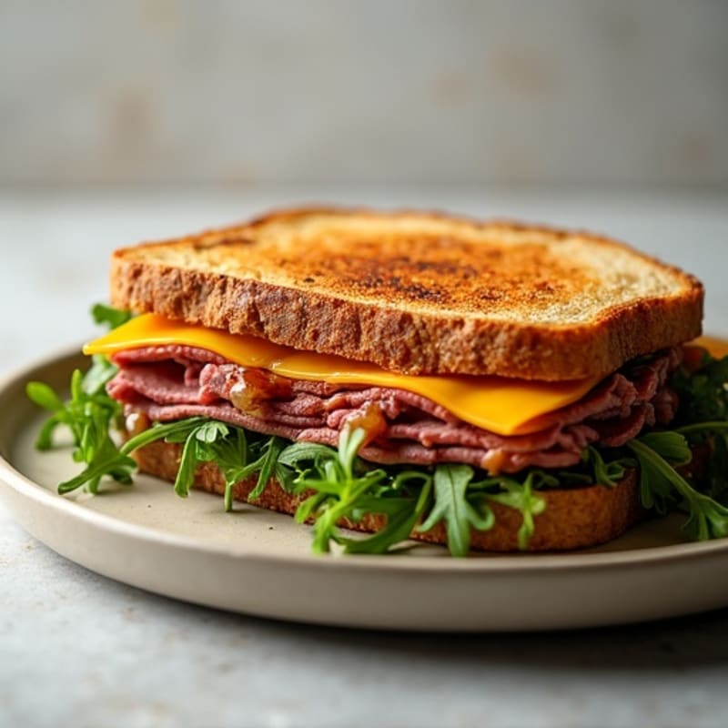 Crispy Lean Roast Beef Melt with Sharp Cheddar, Caramelized Onions, and Fresh Arugula