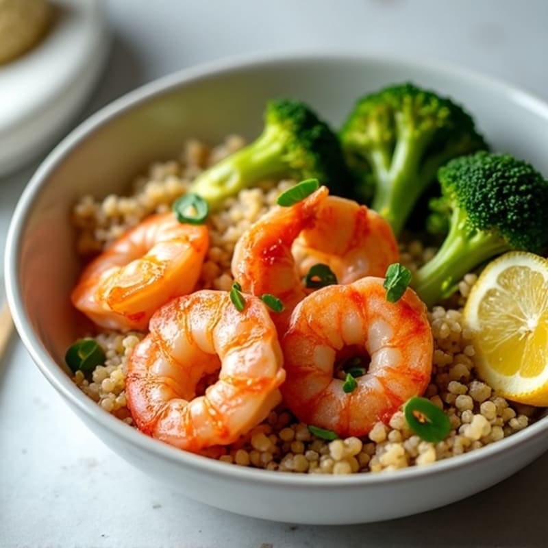 Grilled Shrimp and Quinoa Bowl with Roasted Broccoli and Salmon