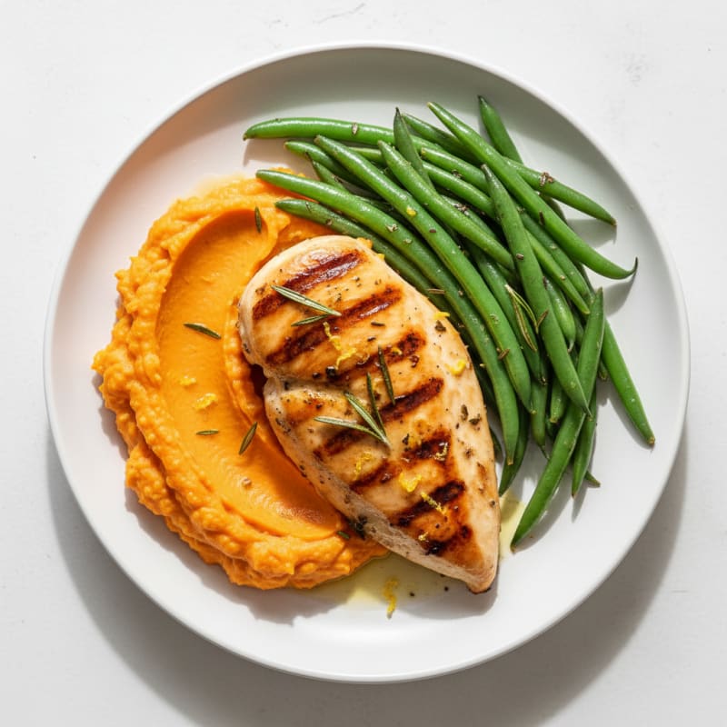 Grilled Lemon Herb Chicken with Steamed Green Beans and Sweet Potato Mash