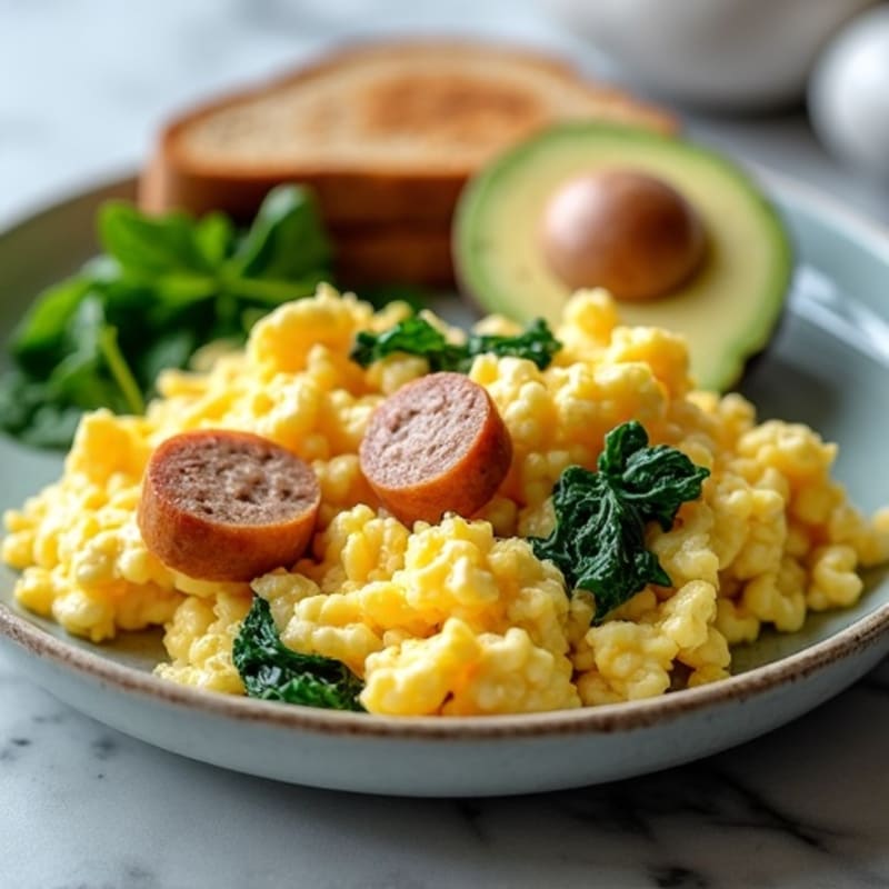 Egg White Scramble with Chicken Sausage and Sautéed Spinach