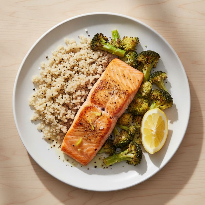 Seared Salmon with Roasted Broccoli and Quinoa
