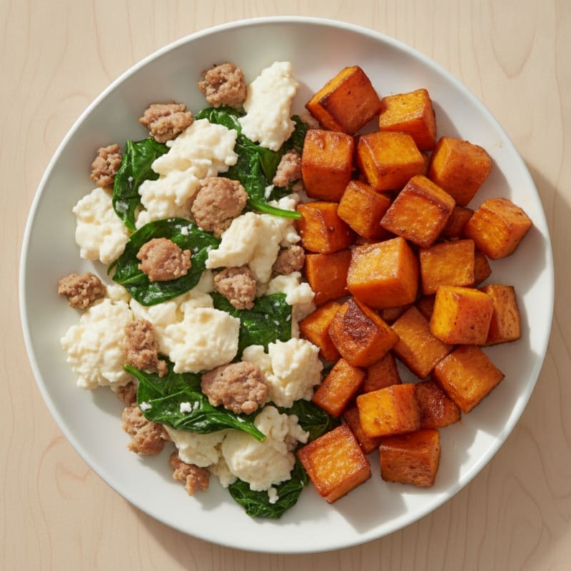 Egg White Scramble with Turkey Sausage and Sautéed Spinach
