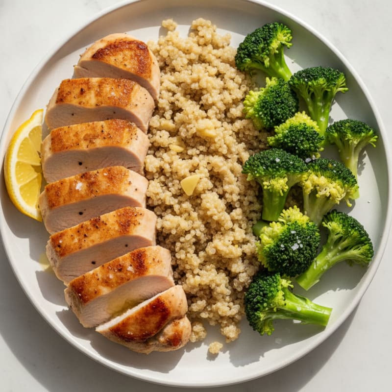 Seared Turkey Breast with Steamed Broccoli and Garlic Quinoa