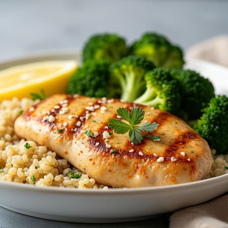Grilled Lemon Garlic Chicken Breast with Quinoa and Steamed Broccoli