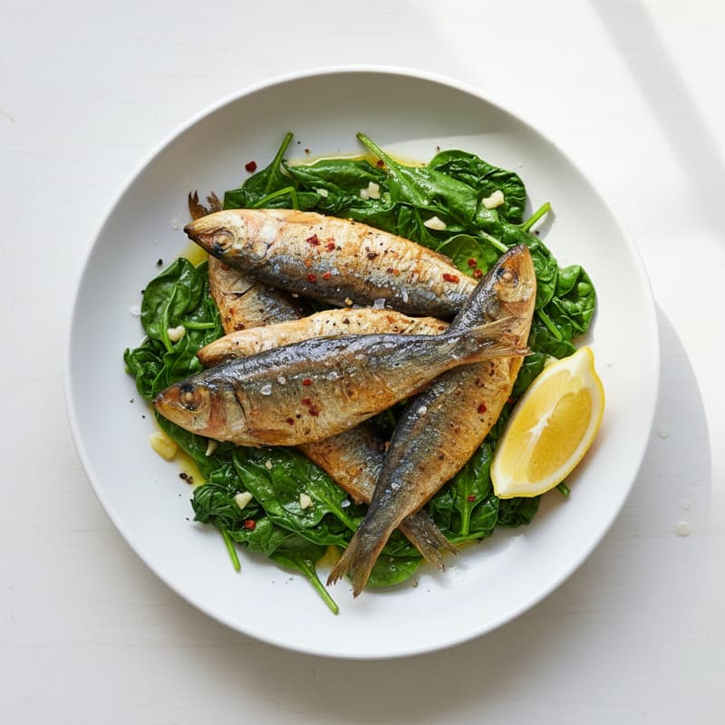 Crispy Pan-Seared Sardines with Garlicky Spinach
