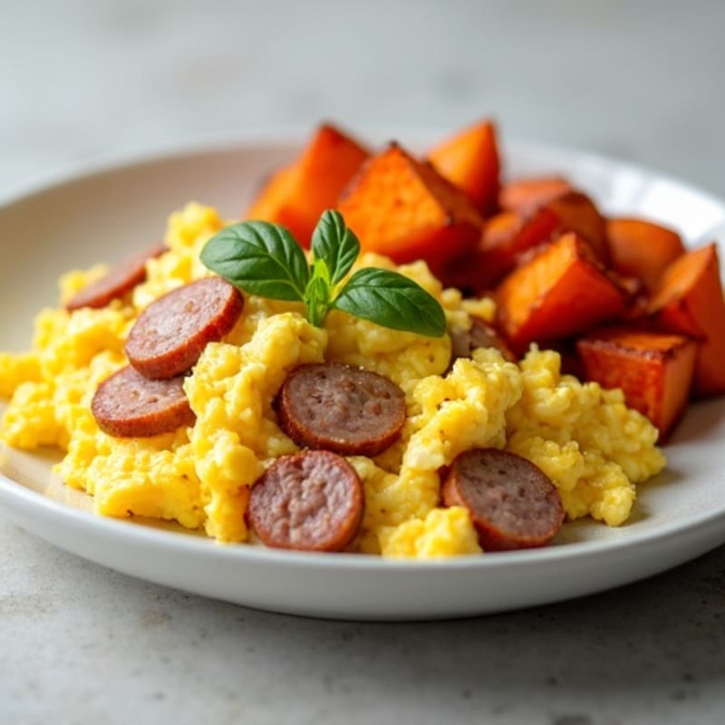 Egg White and Turkey Sausage Scramble with Roasted Sweet Potatoes