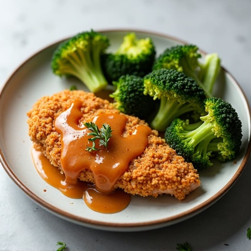 Lightened Crispy Chicken with Sticky Garlic Ginger Sauce and Roasted Broccoli