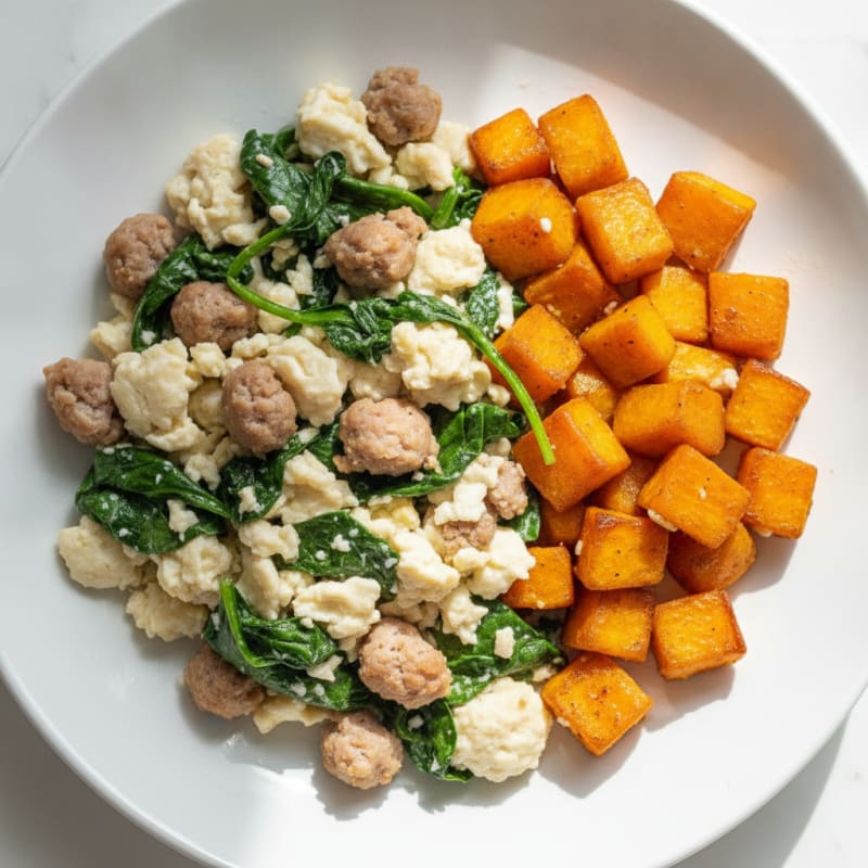 Egg White and Turkey Sausage Scramble with Spinach and Roasted Sweet Potato