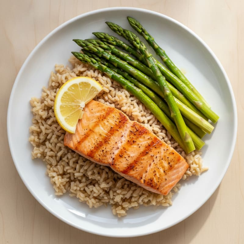 Seared Salmon Fillet with Steamed Asparagus and Brown Rice