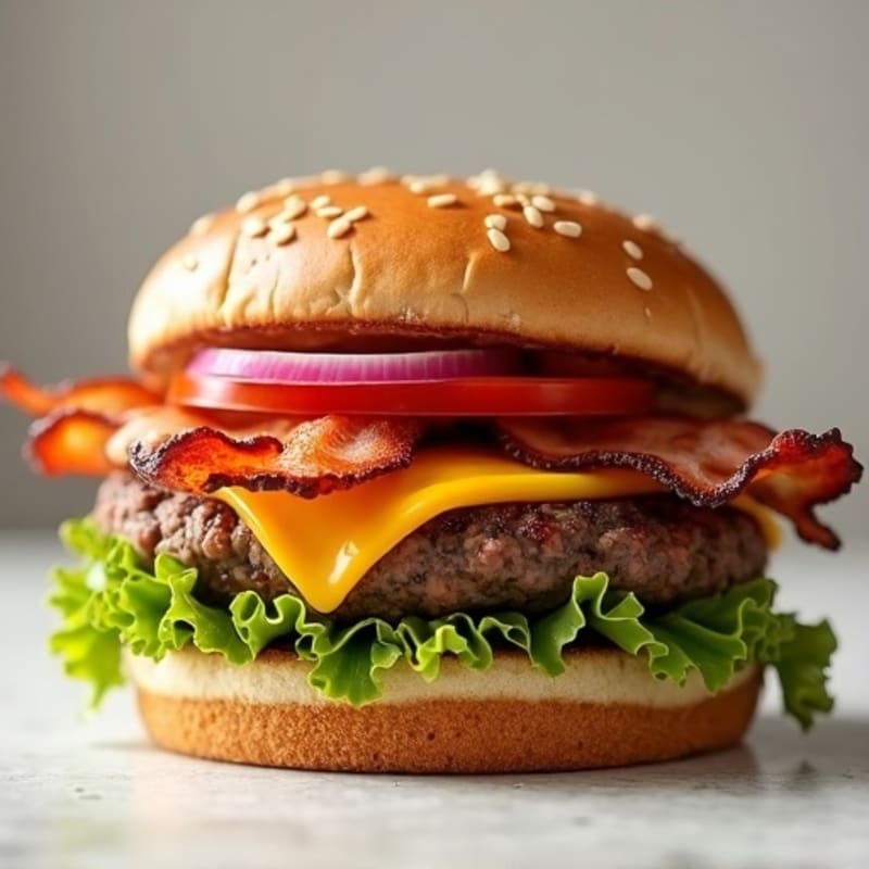 Lean Beef Burger with Crispy Turkey Bacon and Melted Cheddar