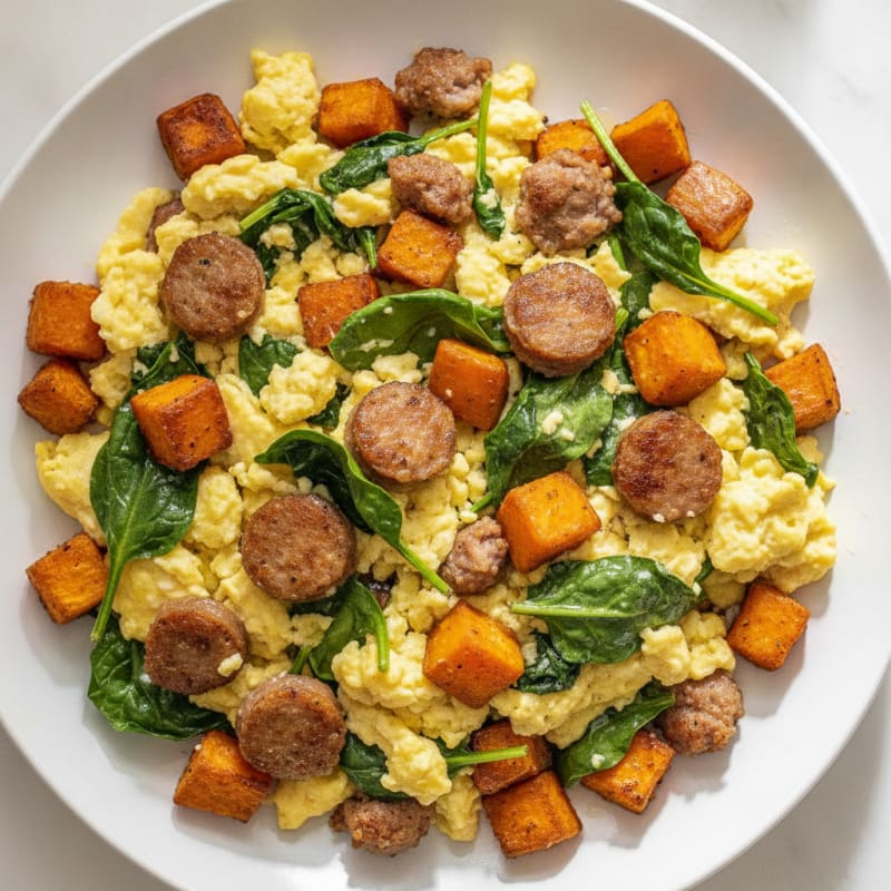 Crispy Turkey Sausage and Spinach Egg Scramble with Roasted Sweet Potatoes