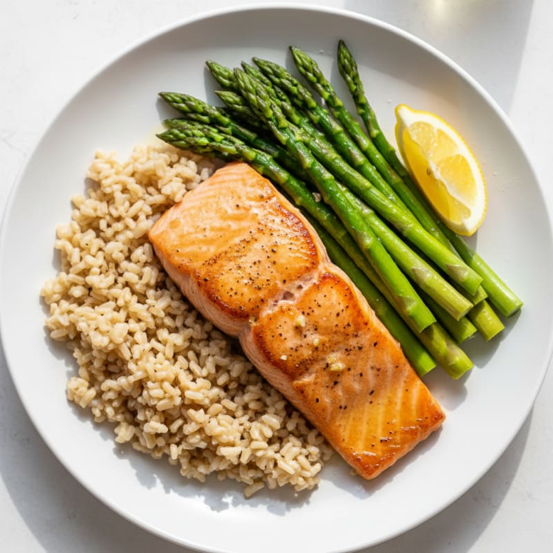 Seared Salmon with Steamed Asparagus and Brown Rice