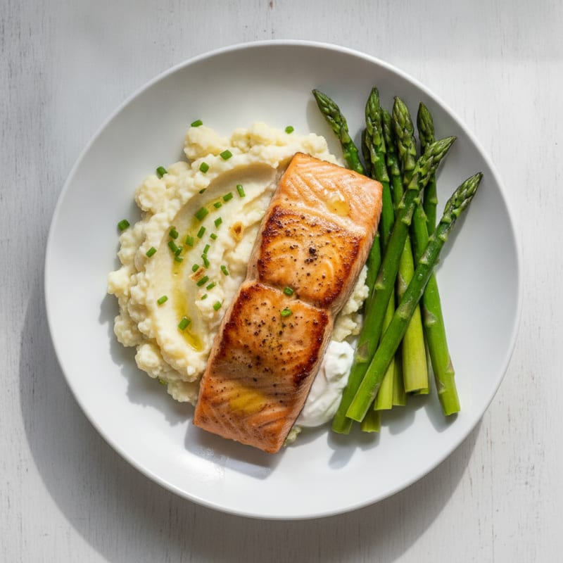 Seared Salmon with Steamed Asparagus and Garlic Mashed Cauliflower