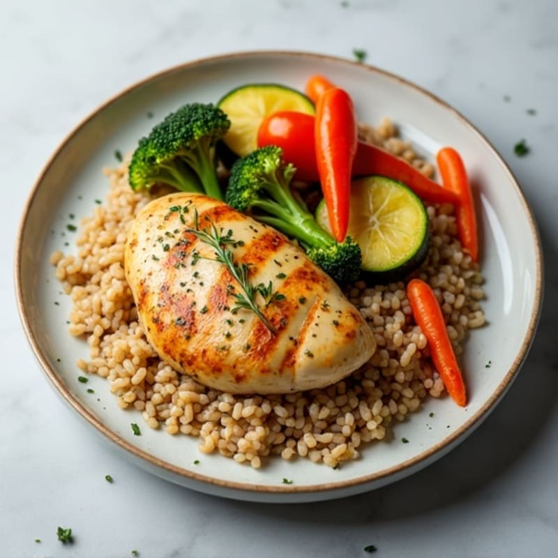 Herb-Roasted Chicken with Fluffy Brown Rice and Roasted Mixed Vegetables