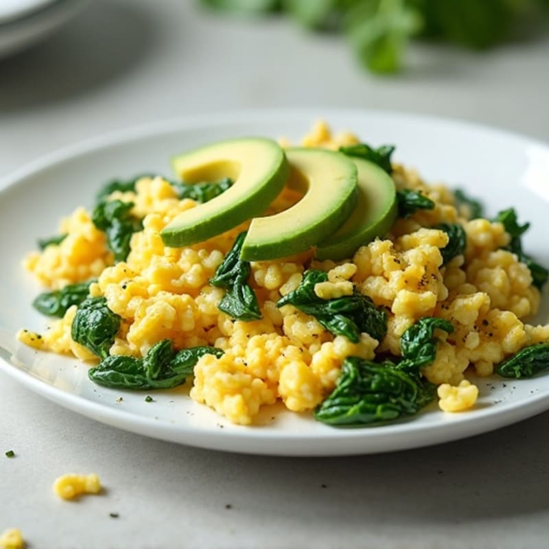 Egg White Spinach Scramble with Cottage Cheese and Sliced Avocado