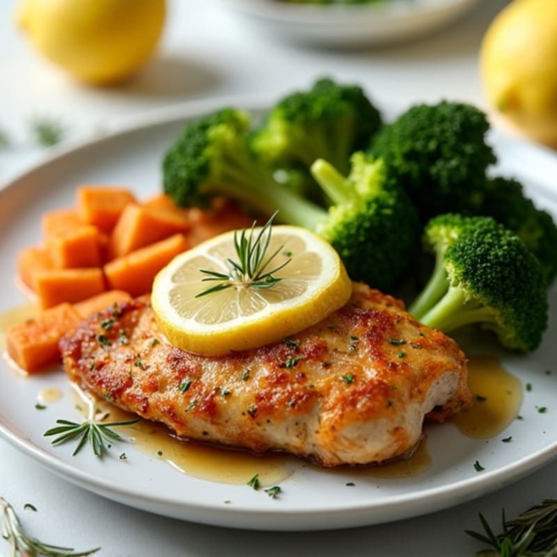Crispy Lemon-Herb Chicken with Roasted Sweet Potatoes and Broccoli
