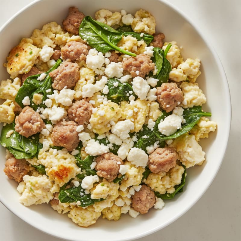 Egg White and Turkey Sausage Scramble with Spinach and Feta