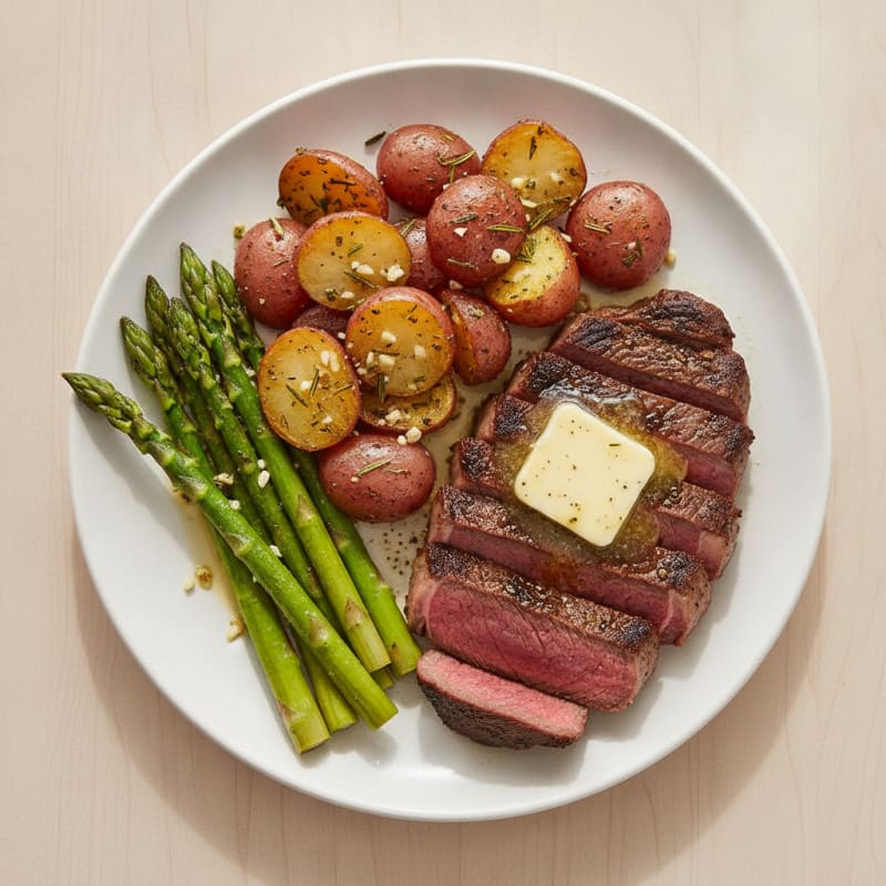 Seared Steak with Garlic Herb Roasted Potatoes and Asparagus