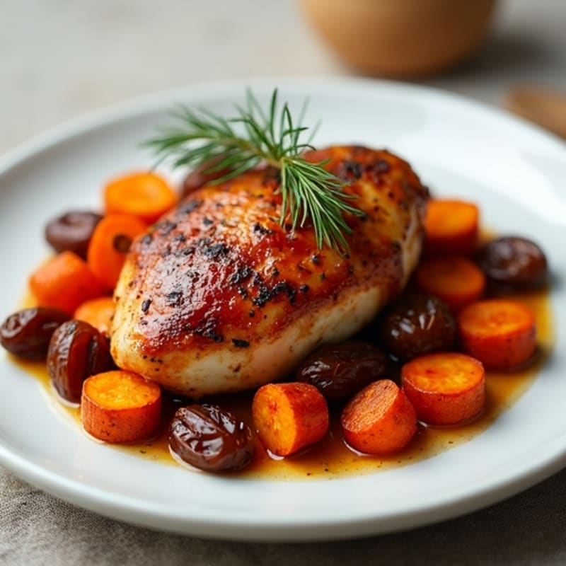 Sticky Date-Glazed Chicken with Roasted Sweet Potatoes and Carrots