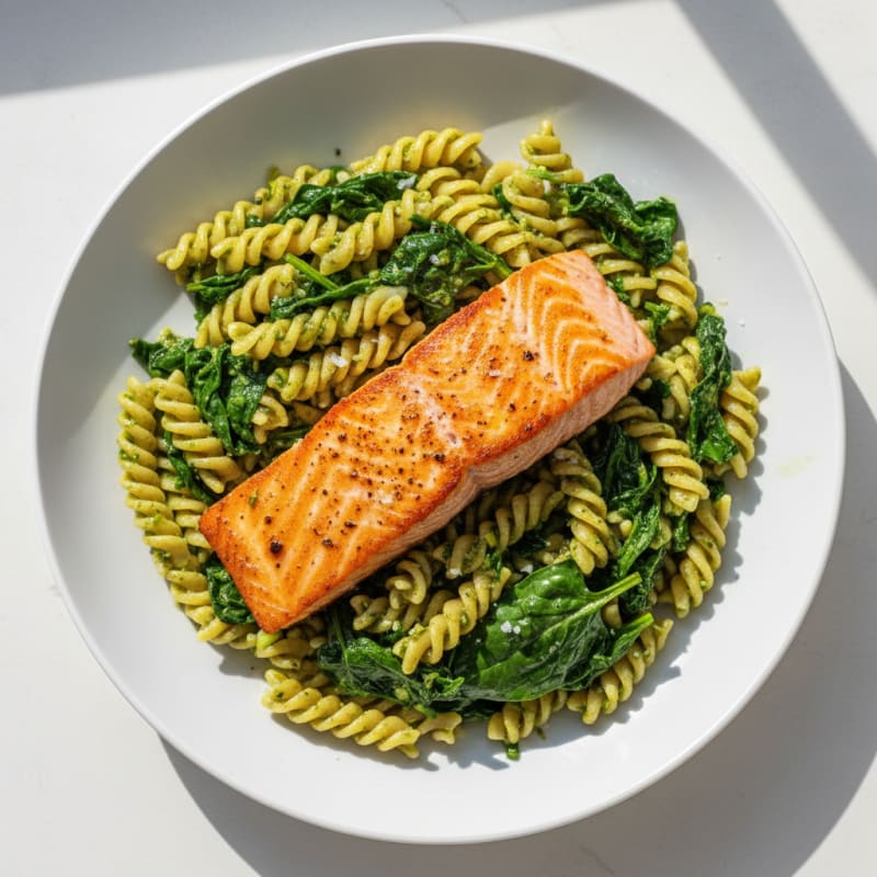 Golden Pan-Seared Salmon with Zesty Pesto Pasta